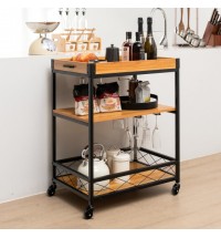 3 Tiers Industrial Bar Serving Cart with Utility Shelf and Handle Racks-Natural