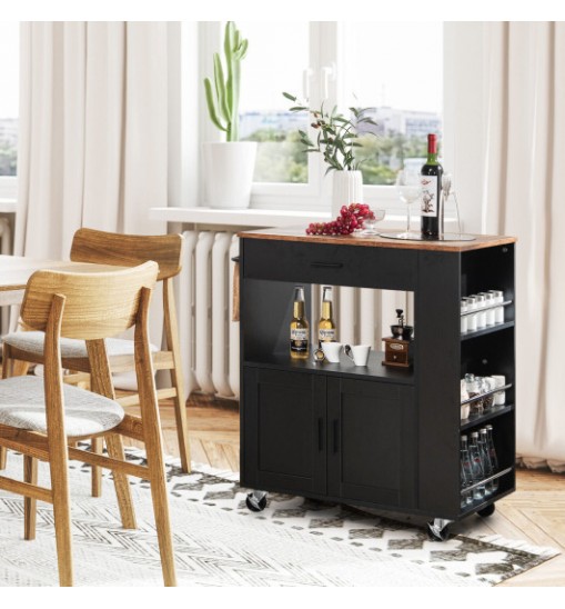 Rolling Kitchen Trolley with 3 Spice Racks Drawer and Open Shelf-Black Rolling Kitchen Trolley with 3 Spice Racks Drawer and Open Shelf-Black