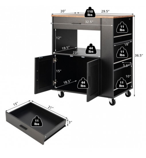 Rolling Kitchen Trolley with 3 Spice Racks Drawer and Open Shelf-Black Rolling Kitchen Trolley with 3 Spice Racks Drawer and Open Shelf-Black