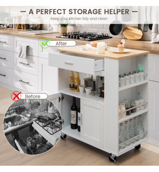 Rolling Kitchen Trolley with 3 Spice Racks Drawer and Open Shelf-Black Rolling Kitchen Trolley with 3 Spice Racks Drawer and Open Shelf-Black