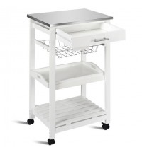Kitchen Island Cart with Stainless Steel Tabletop and Basket-White