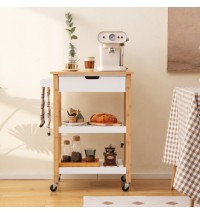 3-Tier Kitchen Island Cart Rolling Service Trolley with Bamboo Top-White