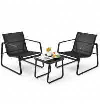 3 Pieces Patio Bistro Furniture Set with Glass Top Table Garden Deck-Black