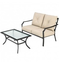 2 Pieces Patio Outdoor Cushioned  Sofa Bench with Coffee Table-Beige