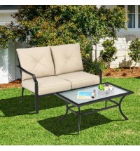 2 Pieces Patio Outdoor Cushioned  Sofa Bench with Coffee Table-Beige