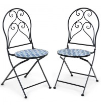 2 Pieces Patio Folding Mosaic Bistro Chairs with Blue Floral Pattern