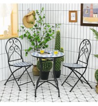 2 Pieces Patio Folding Mosaic Bistro Chairs with Blue Floral Pattern