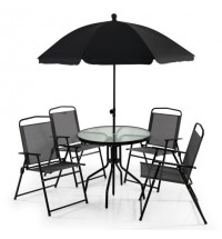 6 Pieces Patio Dining Set Folding Chairs Glass Table Tilt Umbrella for Garden-Gray