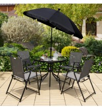 6 Pieces Patio Dining Set Folding Chairs Glass Table Tilt Umbrella for Garden-Gray
