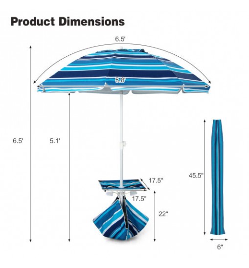 6.5 Feet Patio Beach Umbrella with Waterproof Polyester Fabric-Blue