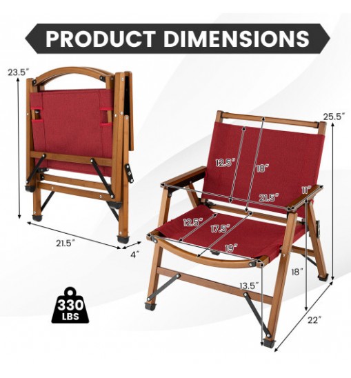 Patio Folding Camping Beach Chair with Solid Bamboo Frame-Red