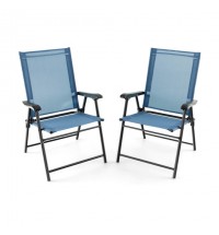 2 Set of Patio Dining Chair with Armrests and Metal Frame-Blue