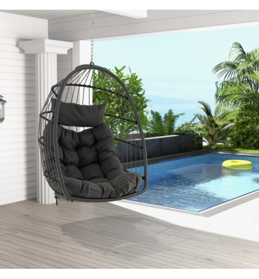 Hanging Egg Chair with Head Pillow and Large Seat Cushion-Gray