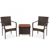 3 Pieces Patio Rattan Furniture Bistro Set with Wood Side Table and Stackable Chair