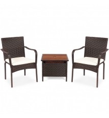 3 Pieces Patio Rattan Furniture Bistro Set with Wood Side Table and Stackable Chair