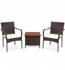 3 Pieces Patio Rattan Furniture Bistro Set with Wood Side Table and Stackable Chair