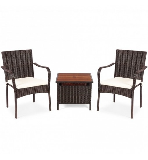 3 Pieces Patio Rattan Furniture Bistro Set with Wood Side Table and Stackable Chair