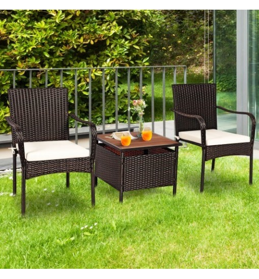 3 Pieces Patio Rattan Furniture Bistro Set with Wood Side Table and Stackable Chair