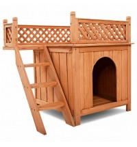 Wooden Dog House with Stairs and Raised Balcony for Puppy and Cat