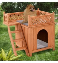 Wooden Dog House with Stairs and Raised Balcony for Puppy and Cat