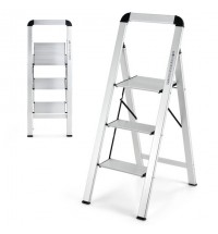 3-Step Ladder Aluminum Folding Step Stool with Non-Slip Pedal and Footpads-Sliver