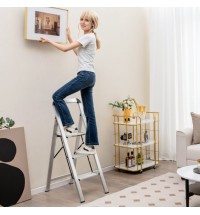 3-Step Ladder Aluminum Folding Step Stool with Non-Slip Pedal and Footpads-Sliver