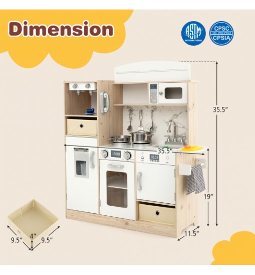 Kids Kitchen Playset with Adjustable LED Lights Removable Fabric Bins-White