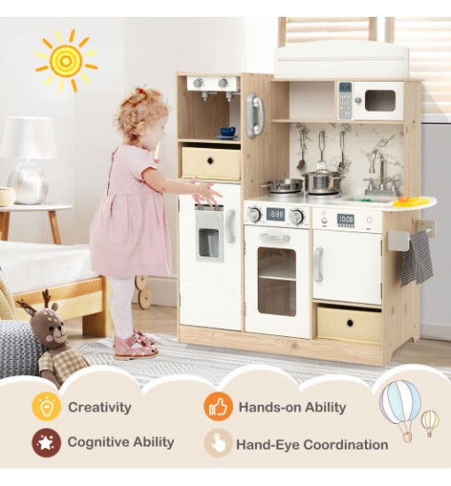 Kids Kitchen Playset with Adjustable LED Lights Removable Fabric Bins-White