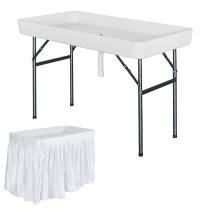 4 Feet Plastic Party Ice Folding Table with Matching Skirt - Color: White