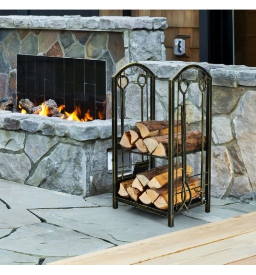 Fireplace Log Rack with 4 Pieces Fireplace Tools-Bronze - Color: Bronze