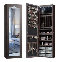 5 LEDs Jewelry Armoire Wall Mounted / Door Hanging Mirror-Brown - Color: Brown