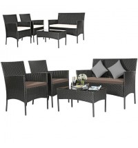 4 Pieces Patio Rattan Cushioned Sofa Set with Tempered Glass Coffee Table-Gray & Off White - Color: Gray & Off White