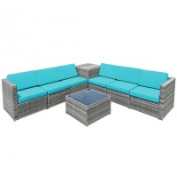 8 Piece Wicker Sofa Rattan Dinning Set Patio Furniture with Storage Table-Turquoise - Color: Turquoise