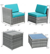 8 Piece Wicker Sofa Rattan Dinning Set Patio Furniture with Storage Table-Turquoise - Color: Turquoise