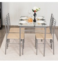 5 Pieces Dining Set Glass Table and 4 Chairs - Color: Natural