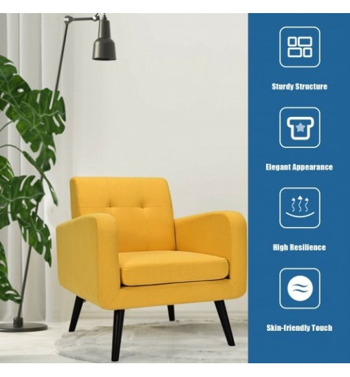 Modern Upholstered Comfy Accent Chair Single Sofa with Rubber Wood Legs-Yellow - Color: Yellow