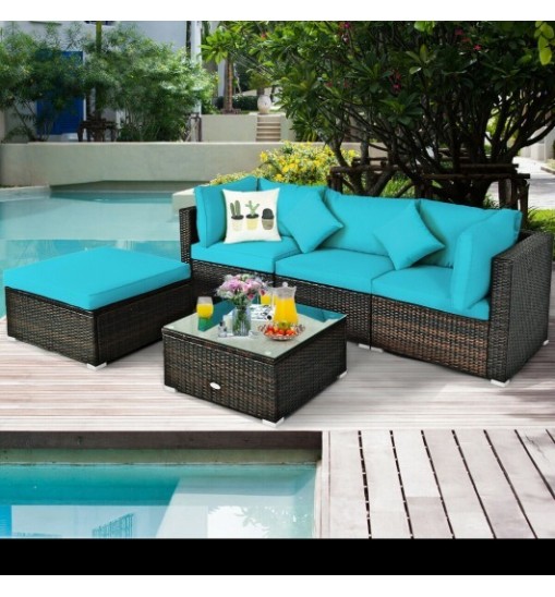 5 Pcs Outdoor Patio Rattan Furniture Set Sectional Conversation with Navy Cushions-Turquoise - Color: Turquoise