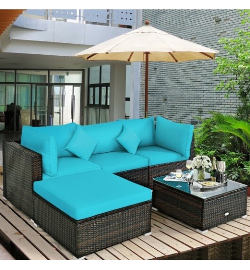 5 Pcs Outdoor Patio Rattan Furniture Set Sectional Conversation with Navy Cushions-Turquoise - Color: Turquoise