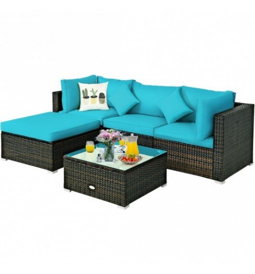 5 Pcs Outdoor Patio Rattan Furniture Set Sectional Conversation with Navy Cushions-Turquoise - Color: Turquoise