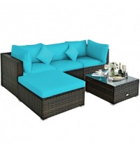 5 Pcs Outdoor Patio Rattan Furniture Set Sectional Conversation with Navy Cushions-Turquoise - Color: Turquoise