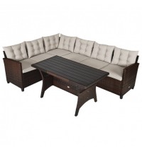 3 Pieces Hand-Woven Rattan Outdoor Sofa Set with Dining Table - Color: Brown
