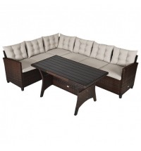 3 Pieces Hand-Woven Rattan Outdoor Sofa Set with Dining Table - Color: Brown
