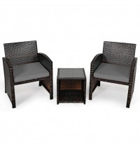 3 Pieces PE Rattan Wicker Furniture Set with Cushion Sofa Coffee Table for Garden-Gray - Color: Gray