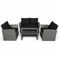 4 Pieces Patio Rattan Furniture Set Sofa Table with Storage Shelf Cushion-Black - Color: Black