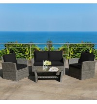 4 Pieces Patio Rattan Furniture Set Sofa Table with Storage Shelf Cushion-Black - Color: Black