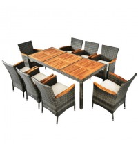9 Pieces Rattan Patio Dining Set with Acacia Wood Table and Cushioned Chair - Color: Gray