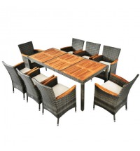 9 Pieces Rattan Patio Dining Set with Acacia Wood Table and Cushioned Chair - Color: Gray
