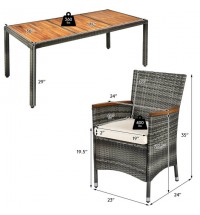 9 Pieces Rattan Patio Dining Set with Acacia Wood Table and Cushioned Chair - Color: Gray