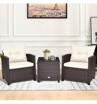 3 Pcs Patio Rattan Furniture Set Cushioned Conversation Set Coffee Table  - Color: White