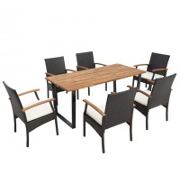 7 Pieces Outdoor Wicker Chair and Dining Table Set-Wood Handrail - Color: Black